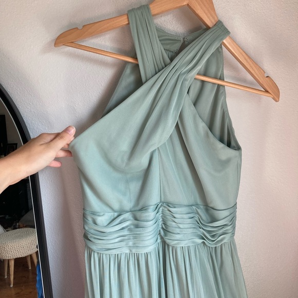 David's Bridal Crisscross High Neck Mesh Bridesmaid Dress Dusty Sage 8 - Picture 5 of 9